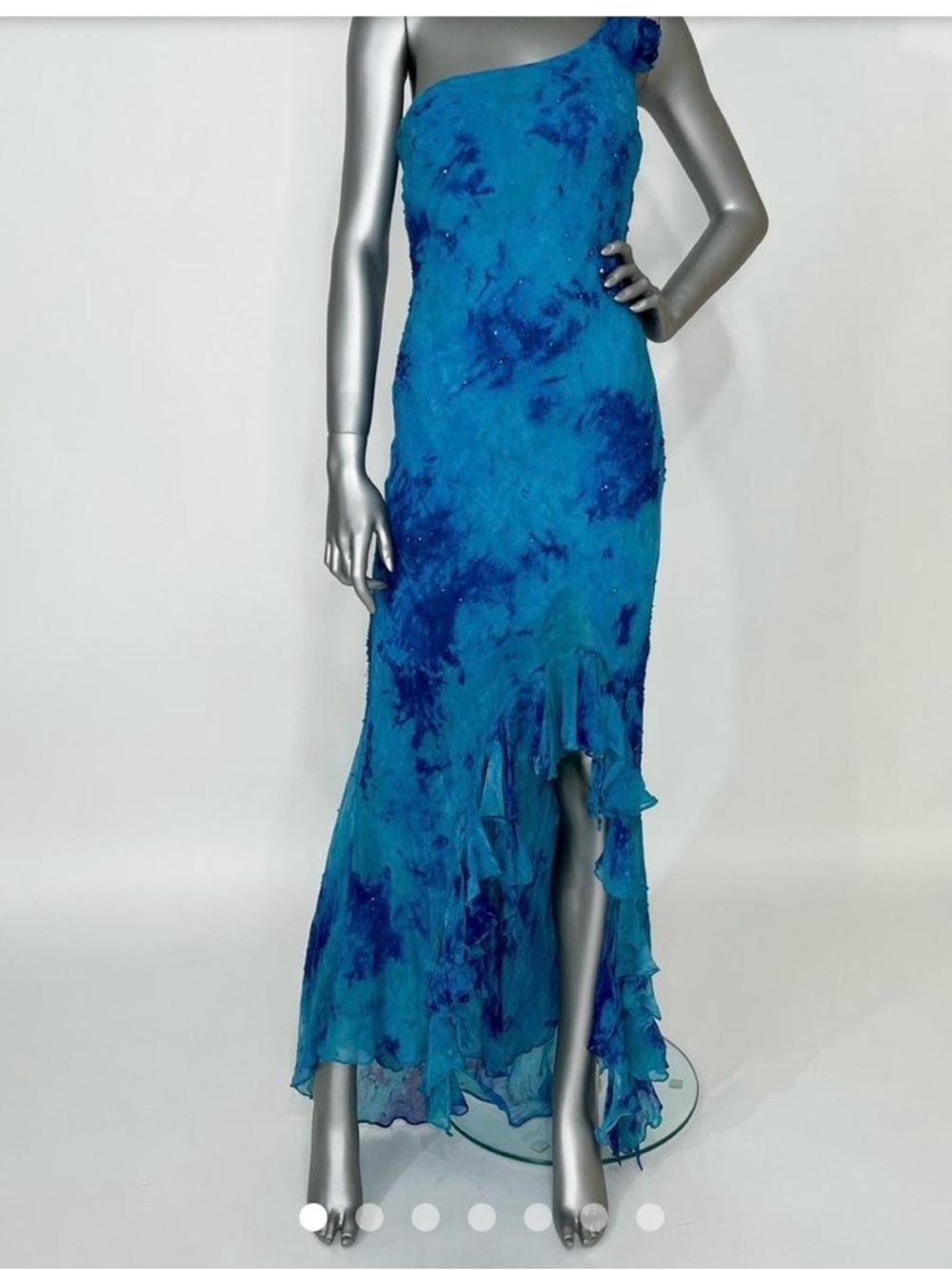 Cache Turquoise and Royal Blue One-Shoulder Ruffle Maxi Dress